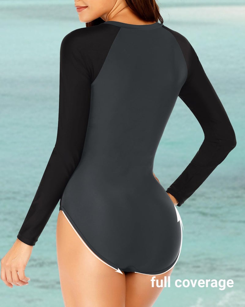 Daci Women Grey Black Rash Guard Long Sleeve One Piece Swimsuit Zipper Surfing Bathing Suit UPF 50 L - Image 3
